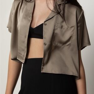 OAK + FORT Cropped Collared Shirt - Taupe